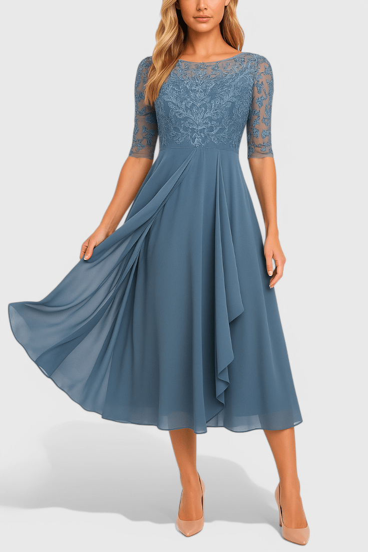 Abby | Embroidered Illusion Neckline Midi Dress