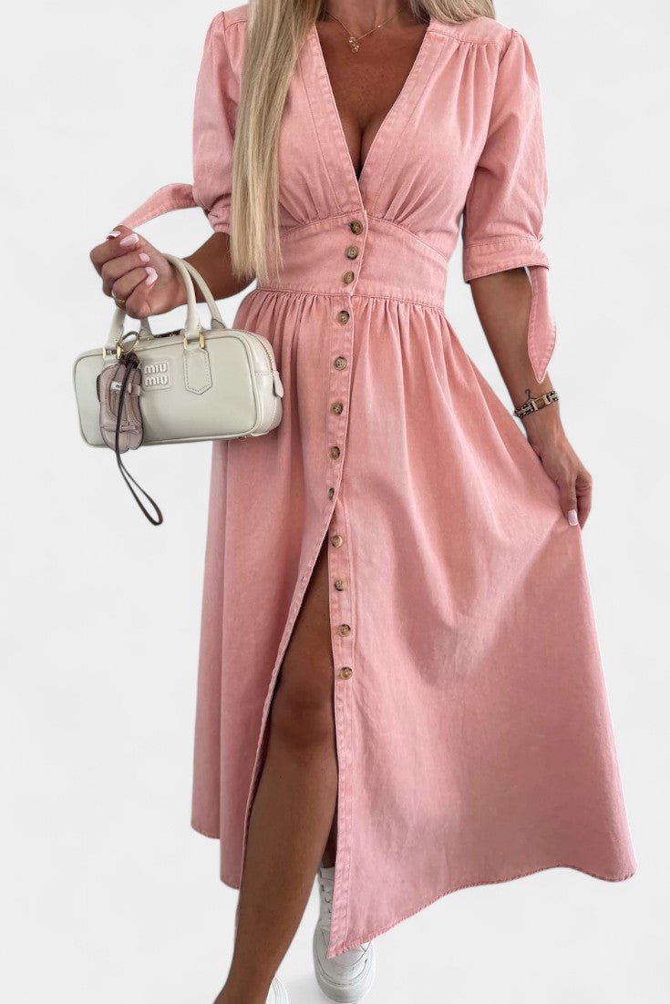 Adelina | V-Neck Button Midi Dress