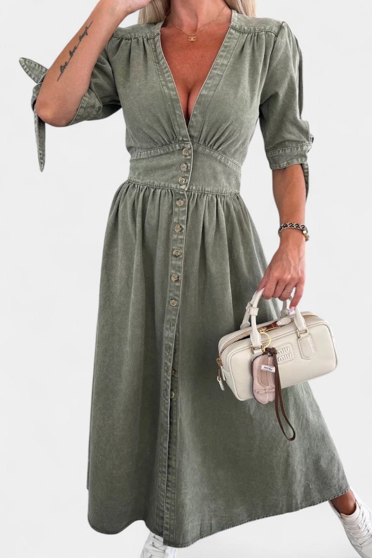Adelina | V-Neck Button Midi Dress