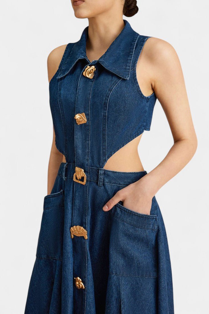 Alia | Cut-Out Sleeveless Lapel Denim Dress