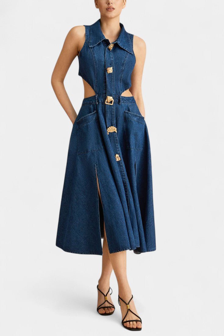 Alia | Cut-Out Sleeveless Lapel Denim Dress