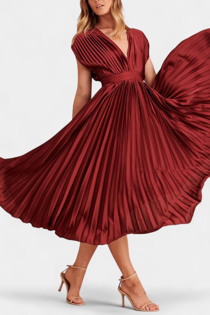 Audrey | Pleated V-Neck Midi Dress