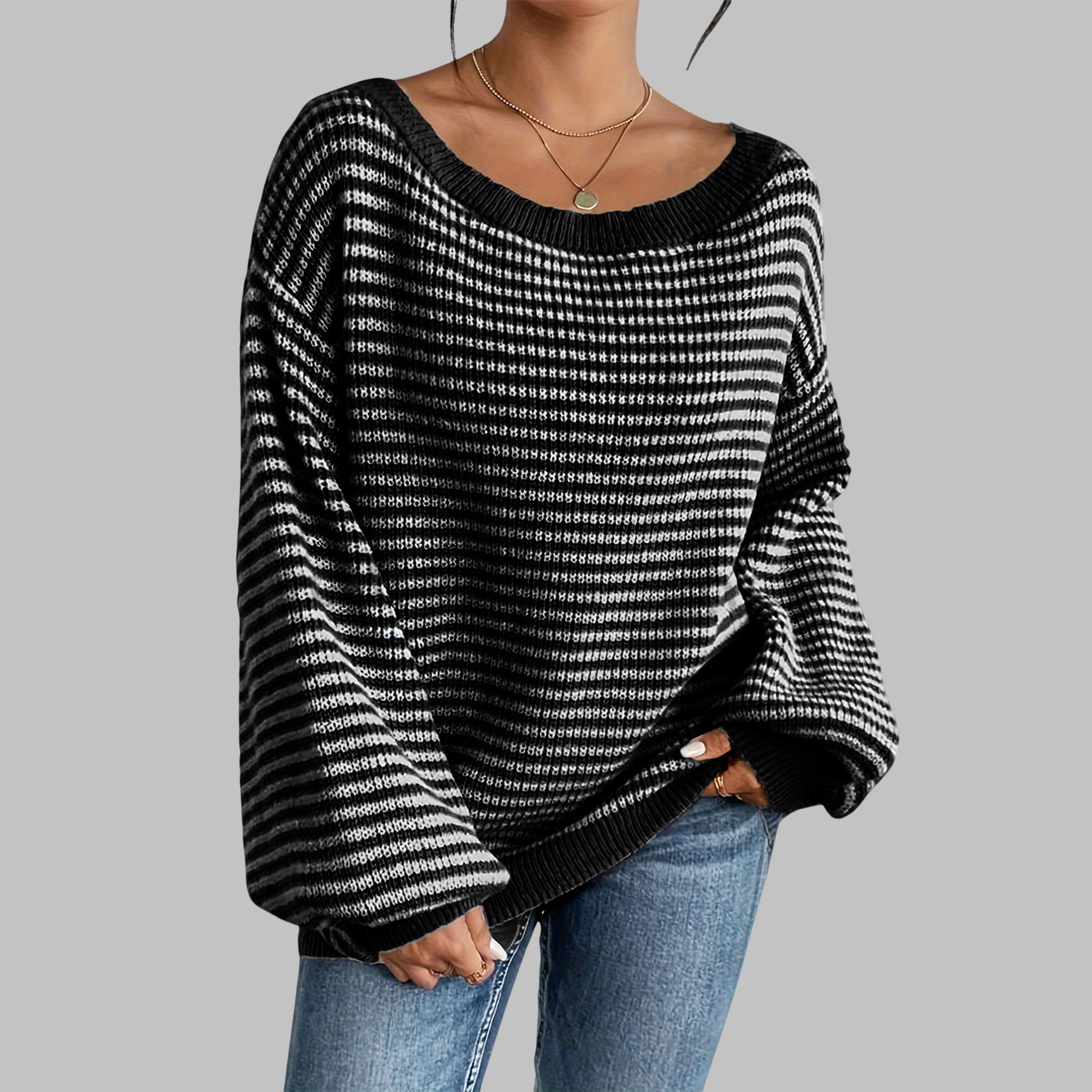 QUILLA™ - Casual Striped Drop Shoulder Long Sleeve Sweater