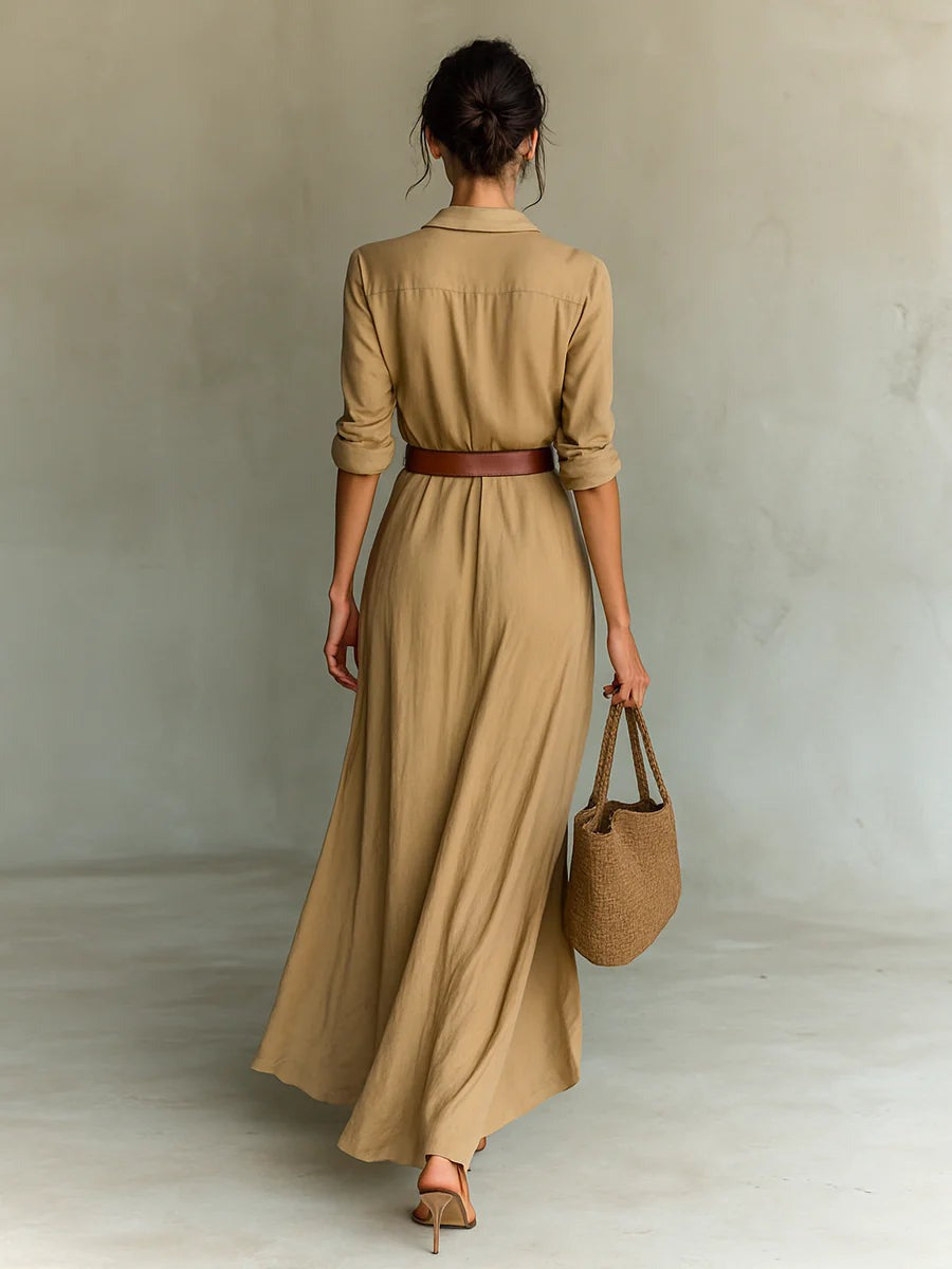 Long belted dress with long sleeves and lapels