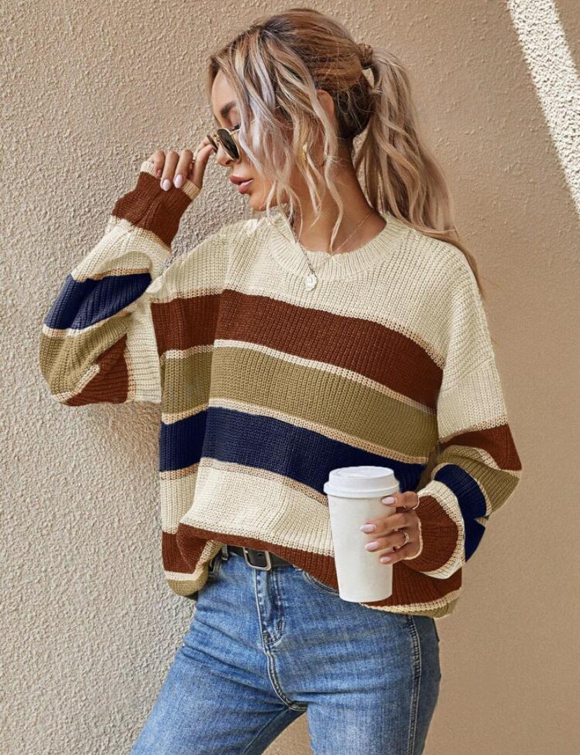 QUENBY™ - Casual Striped Long Sleeve Round Neck Sweater