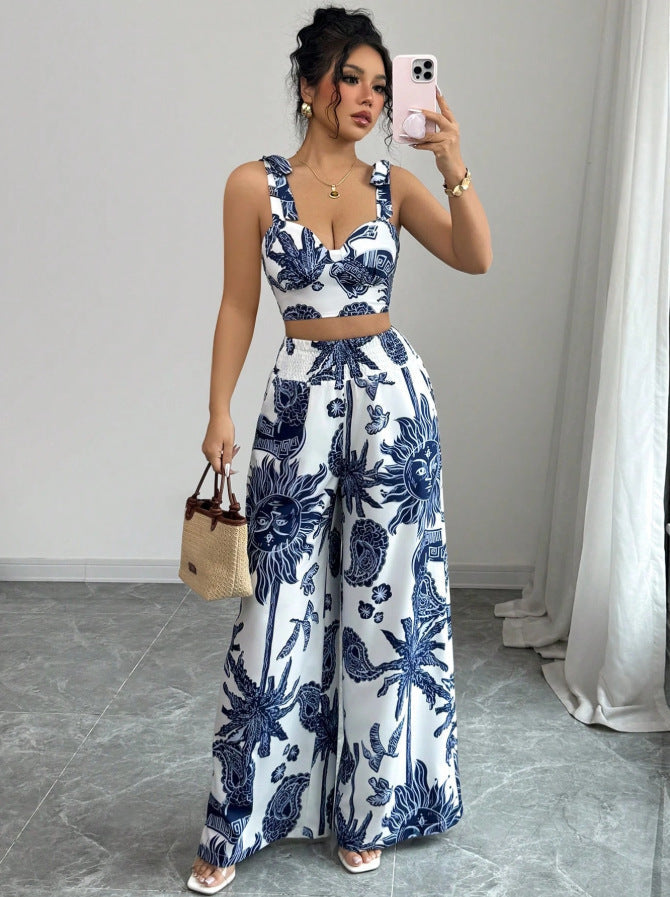 VONY™ – Elegant Boho Printed Crop and Wide Leg Pants Set