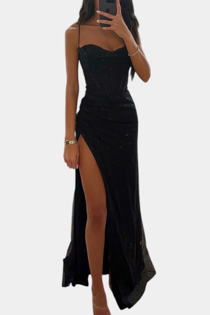 Armoni | Spaghetti Strap Corset Slit Gown